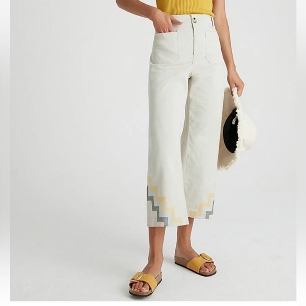 Anthropologie Maeve Hallee Embroidered Wide-Leg Pants Cream Tan Size 6